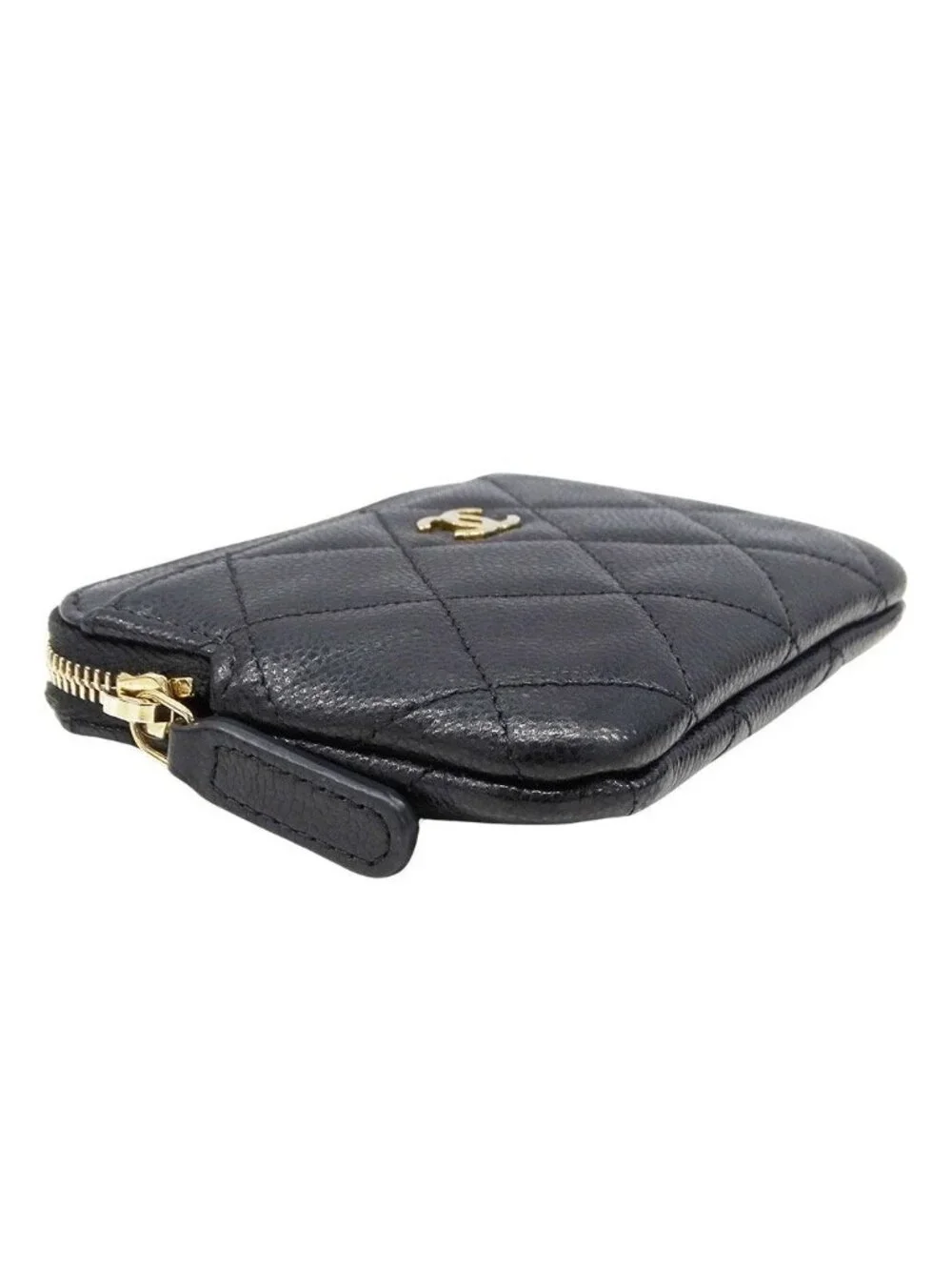 Chanel Wallet Coin Case Quilted Caviar Leather Fragment Black Gold Mini Compact